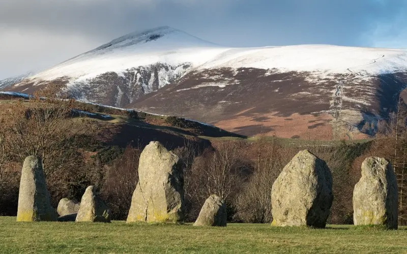 View of Castlerigg Stone Circle near Keswick town with stunning Lake District scenery in the background.